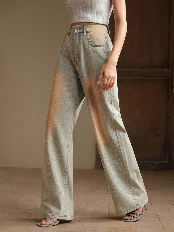 CM-BS298931 Women Casual Seoul Style Mid Waist Rhinestone Decor Floor-Length Denim Pants - Blue