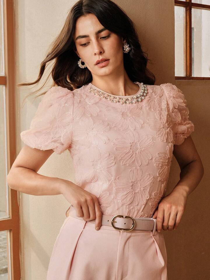CM-TS228826 Women Elegant Seoul Style Pearl Embroidered Floral Mesh Round Neck Petal Sleeve Blouse - Pink