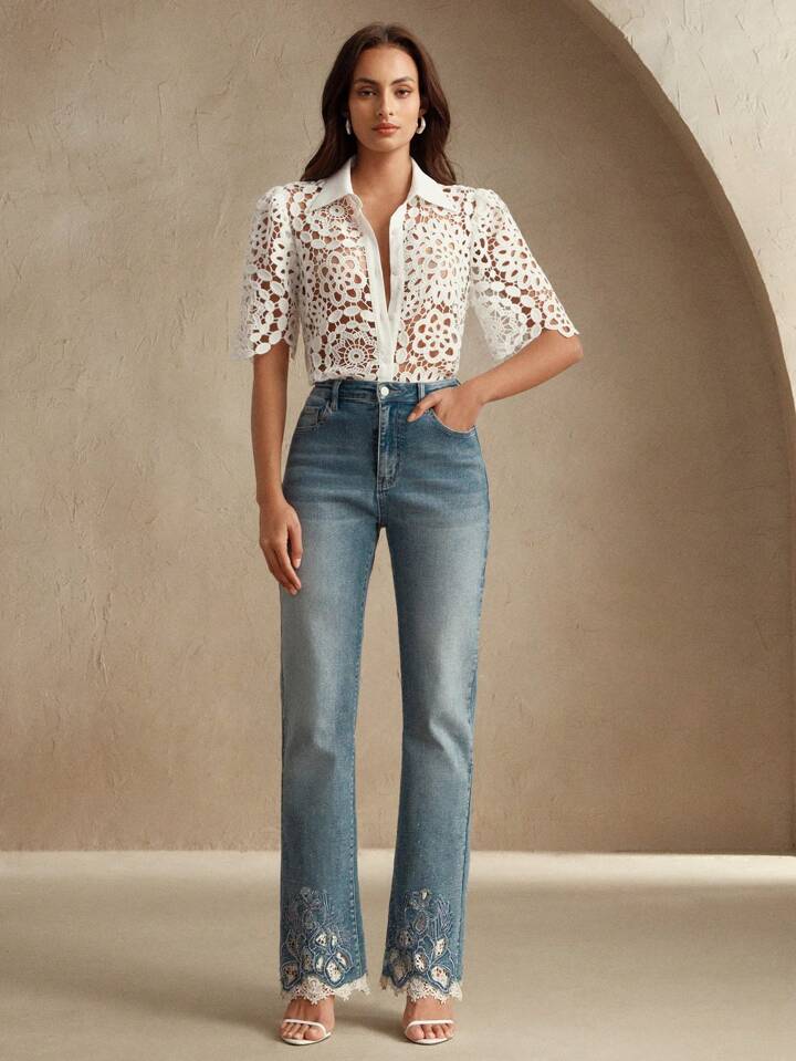 CM-TS423323 Women Casual Seoul Style Collar Neckline Half Sleeve Floral Hollow Out Lace Shirt Blouse - White