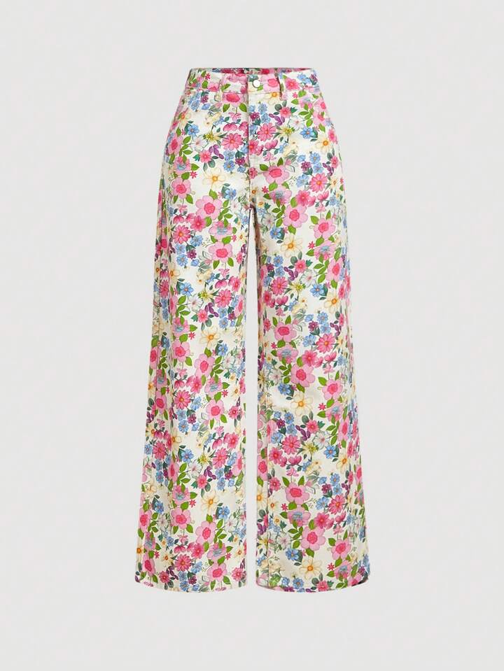 CM-BS267730 Women Casual Seoul Style Light Wash Floral Print Elastic Waist Wide Leg Jeans