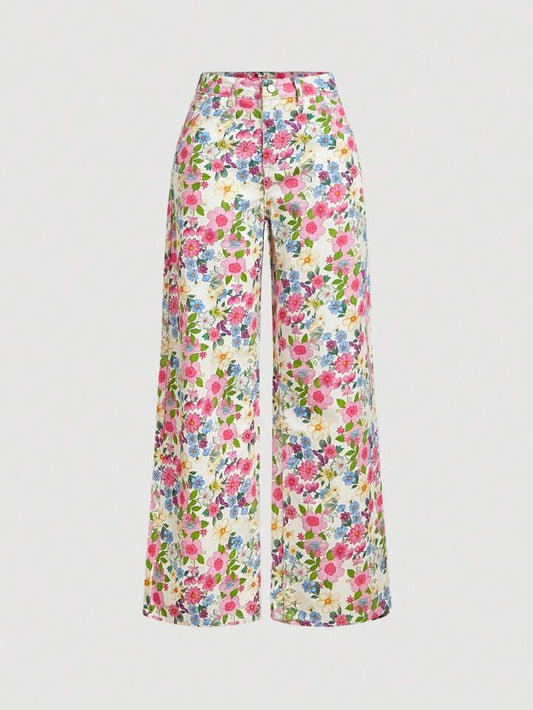 CM-BS267730 Women Casual Seoul Style Light Wash Floral Print Elastic Waist Wide Leg Jeans