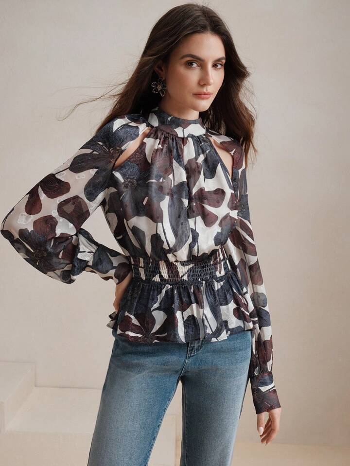 CM-TS475554 Women Elegant Seoul Style Stand Collar Long Sleeve Hollow-Out Fitted Floral Print Blouse