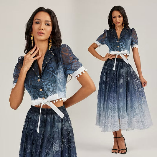 CM-SY044423 Women Elegant European Style Collar Neckline Short Sleeve Cropped Top With Long Skirt - Set