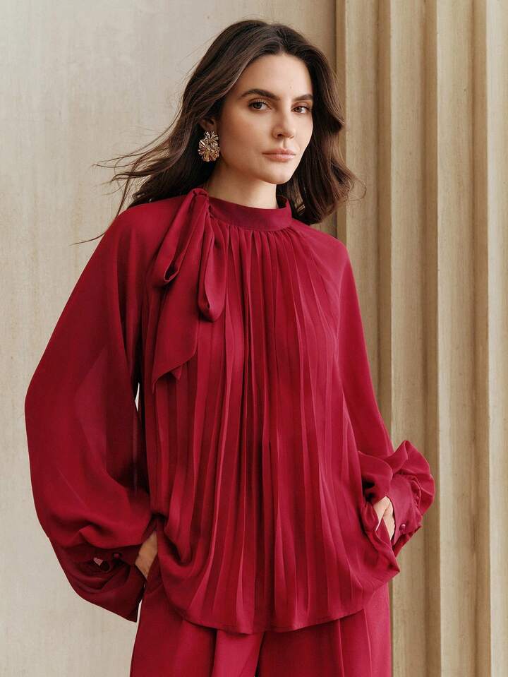 CM-TS234044 Women Elegant Seoul Style Pleated Bow Tie Long Sleeve Pullover Blouse - Burgundy