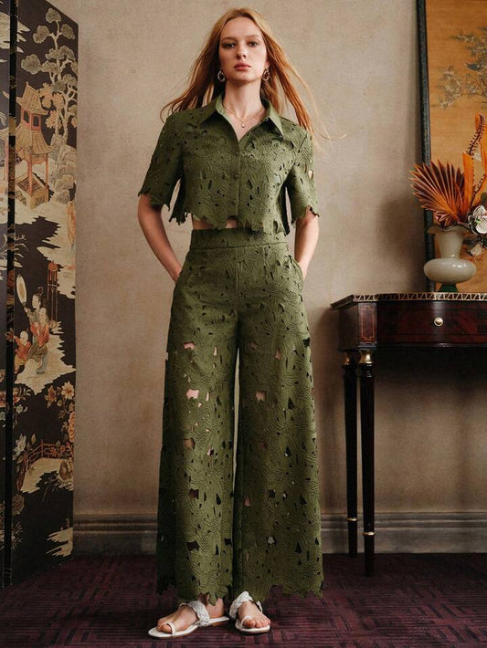CM-SS464228 Women Trendy Bohemian Style Laser Cut Out Embroidered Short Sleeve Crop Top With Wide Leg Pants - Set