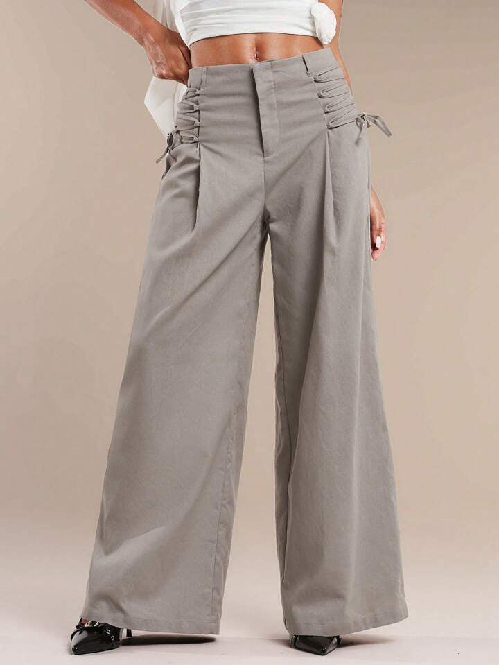 CM-BS449594 Women Casual Seoul Style Cross Waist High Waist Wide Leg Trousers - Gray