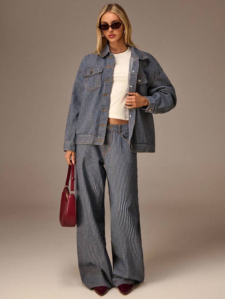 CM-CS757755 Women Casual Seoul Style Collar Neckline Long Sleeve Washed Striped Denim Jacket - Blue