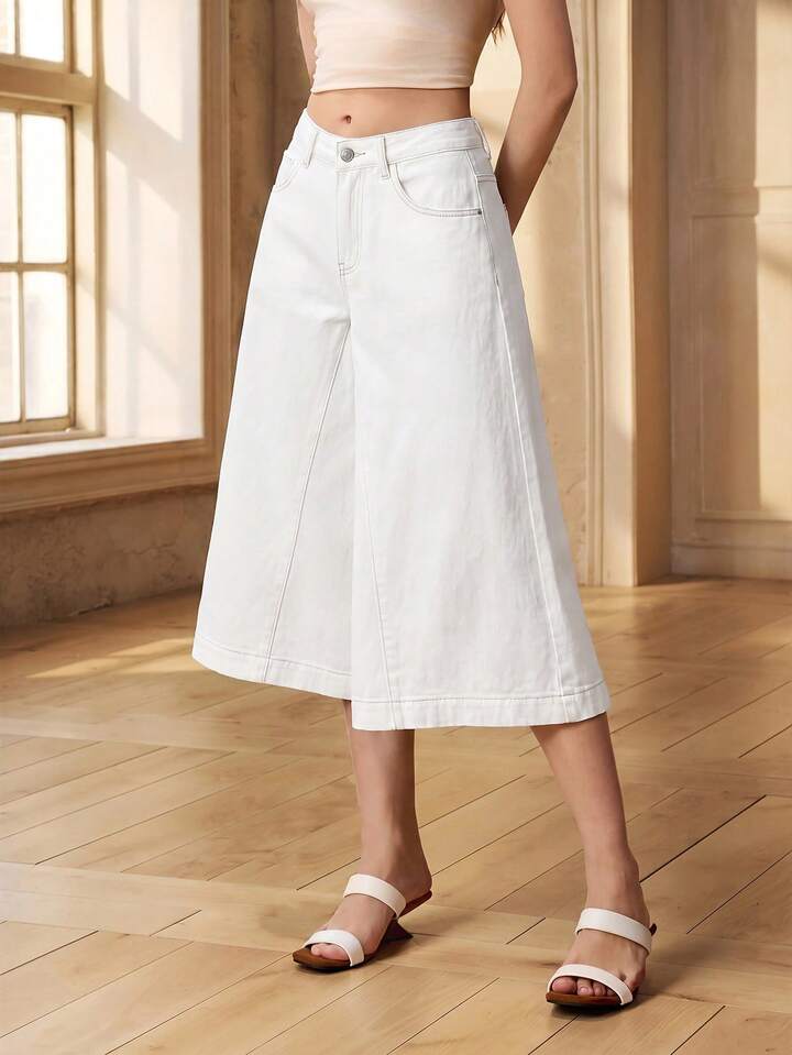 CM-BS133264 Women Casual Seoul Style Mid Waist Pockets Button Wide Leg Jeans - White