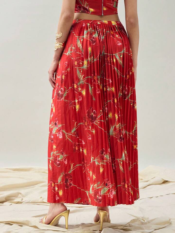 CM-BS594663 Women Trendy Bohemian Style Floral Allover Print High Slit Pleated Skirt