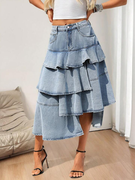 CM-BS210224 Women Casual Seoul Style Asymmetrical Layered A-Line Denim Mini Skirt - Blue