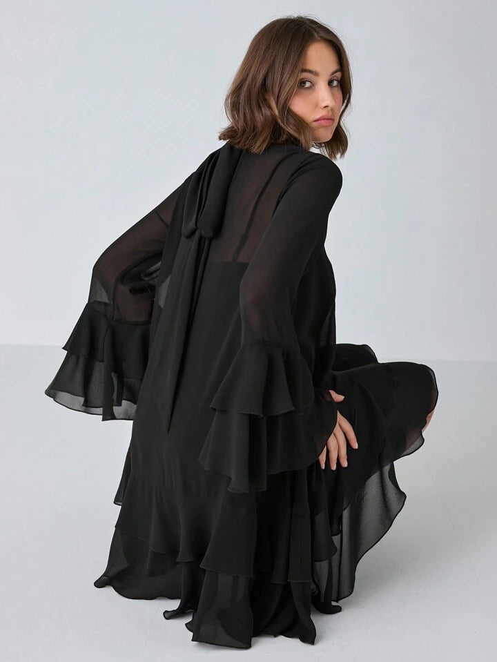 CM-DS399818 Women Elegant Seoul Style Solid Stand Collar Long Sleeve High Waist A-Line Dress - Black