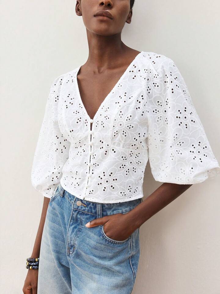 CM-TS190360 Women Trendy Seoul Style V-Neck Front Button Embroidery Hollow Out Lantern Sleeve Blouse - White