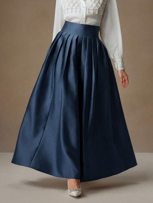 CM-BS166867 Women Elegant Seoul Style High Waisted Puff Pleated Long Skirt - Navy Blue