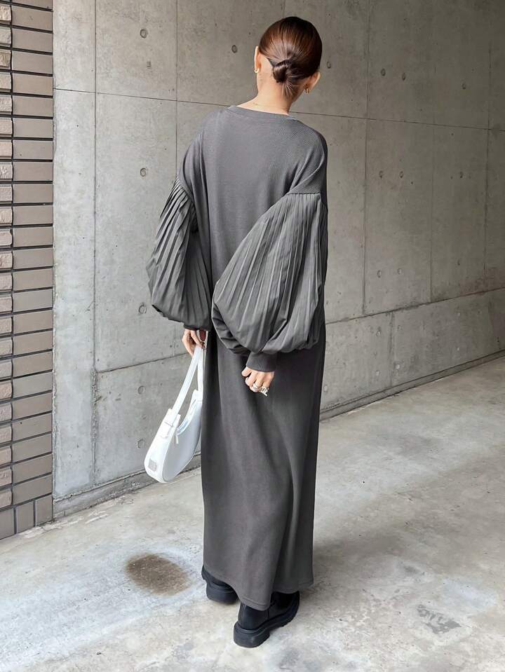 CM-DS455539 Women Casual Seoul Style Solid Color Round Neck Lantern Sleeve Straight Midi Dress - Gray