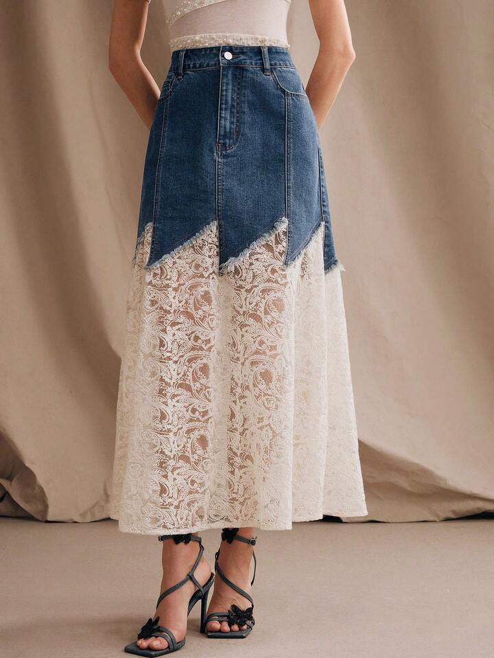 CM-BS740722 Women Casual Seoul Style Mid Waist Glitter Lace Mermaid Maxi Denim Skirt - Blue