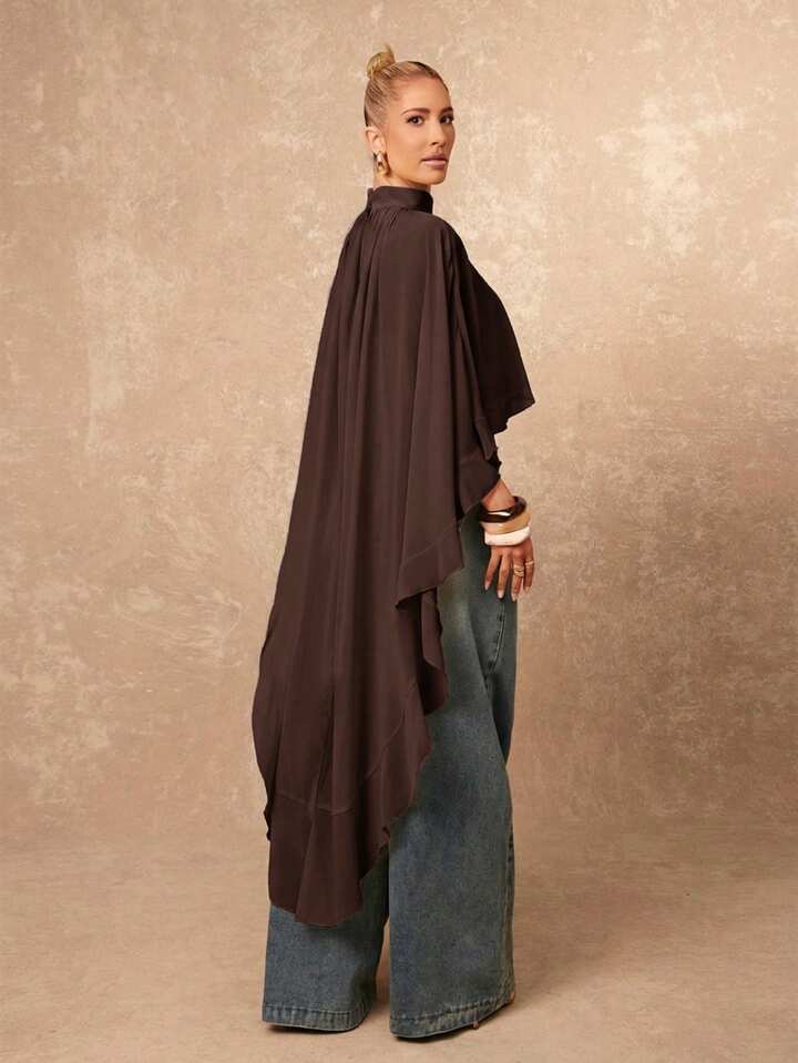 CM-TS104645 Women Casual Seoul Style Asymmetric Ruffle Hem Loose Collar Shawl Blouse - Brown