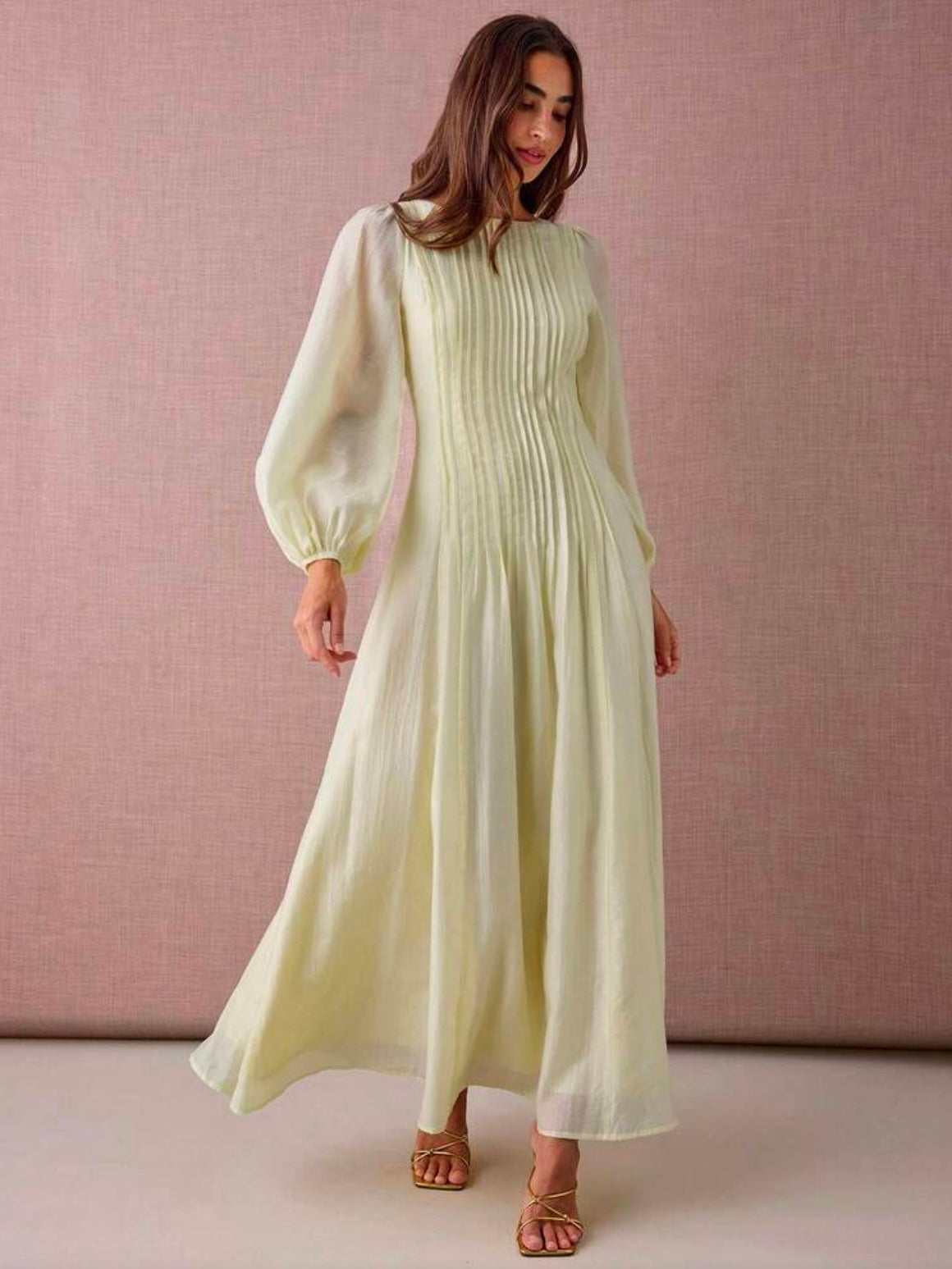 CM-DS915288 Women Elegant Seoul Style Round Neck Lantern Sleeve Pleated Design A-Line Maxi Dress - Yellow