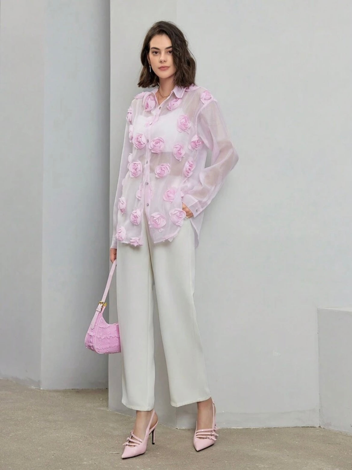 CM-TS896623 Women Elegant Seoul Style 3D Floral Long Sleeve Sheer Mesh Blouse - Baby Pink