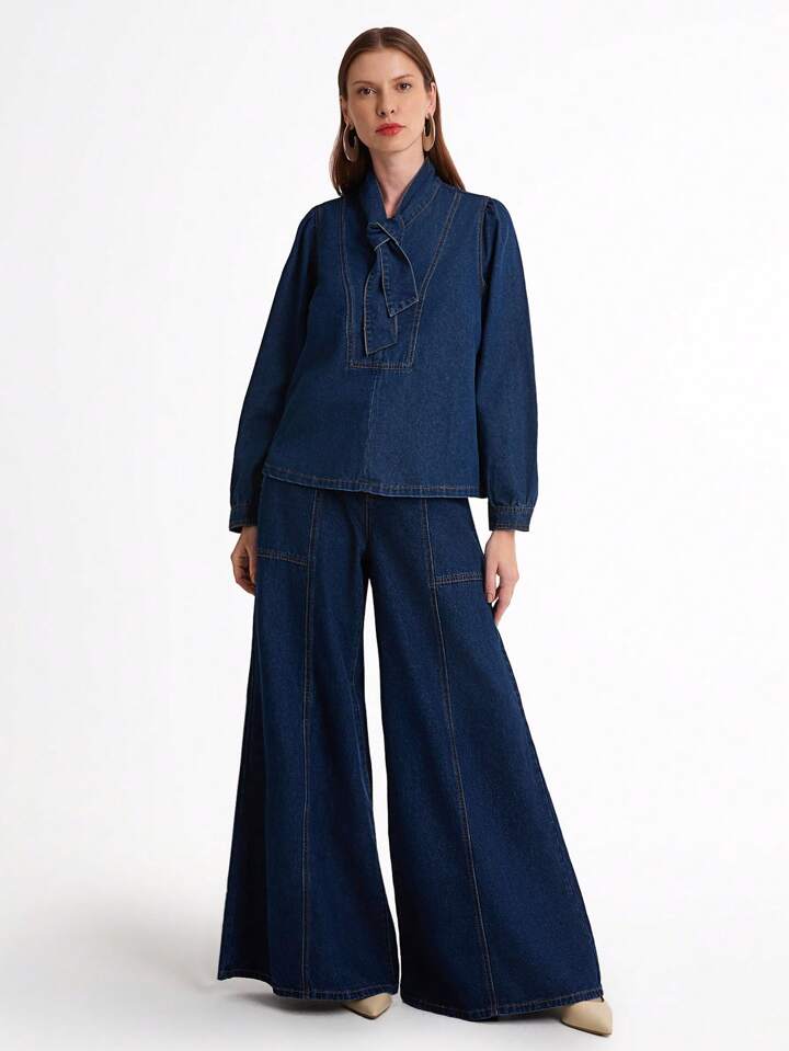 CM-TS357325 Women Casual Seoul Style Medium Wash Tie Front Long Sleeve Loose Denim Shirt Blouse