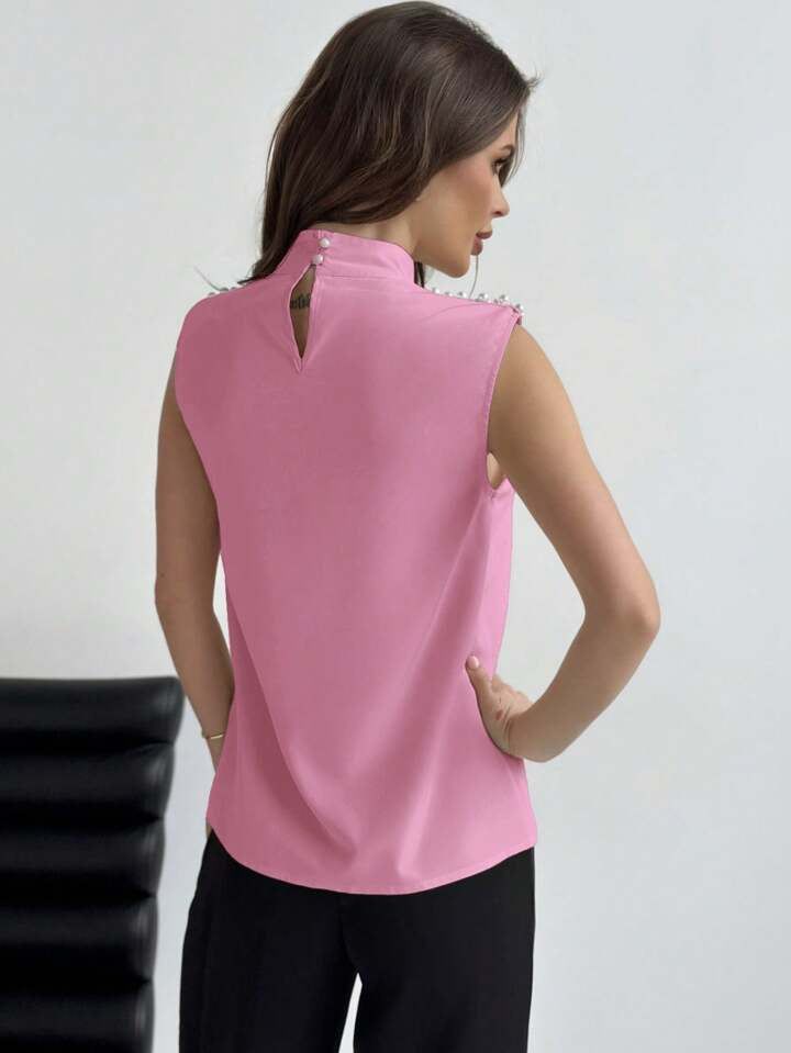 CM-TS810419 Women Casual Seoul Style Sleeveless Beaded Stand Collar Padded Shoulder Shirt