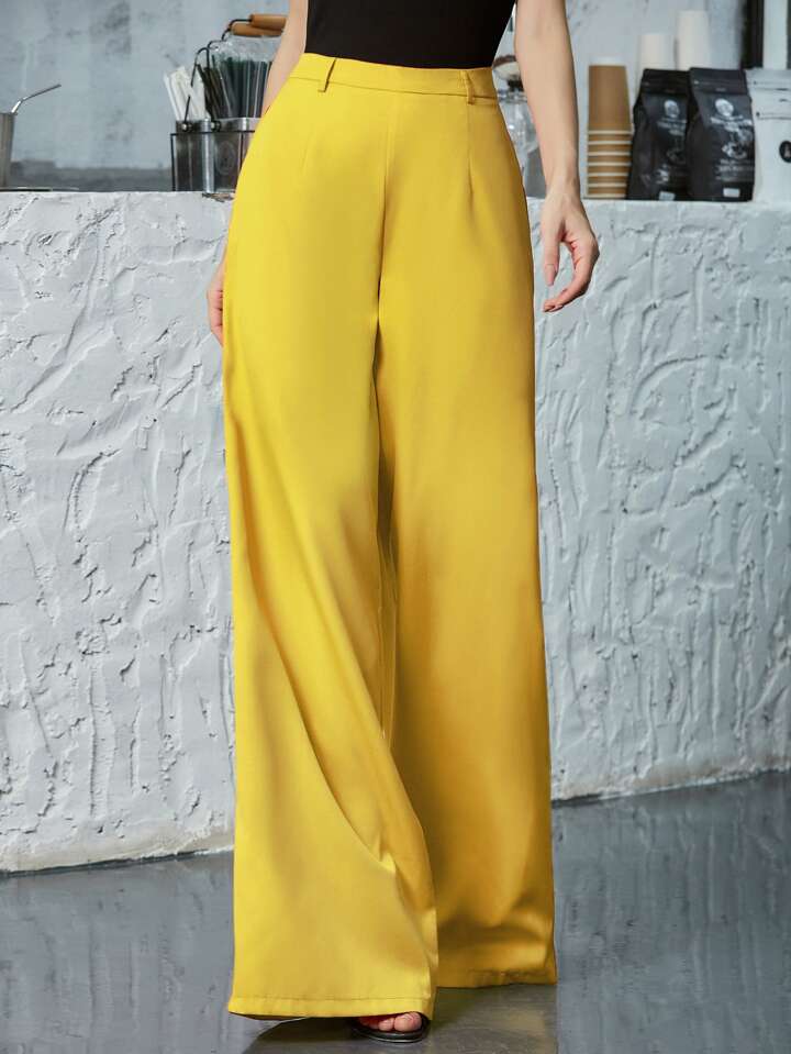 CM-BS513222 Women Elegant Seoul Style Solid Mid Waist Zip Back Wide Leg Pants - Yellow