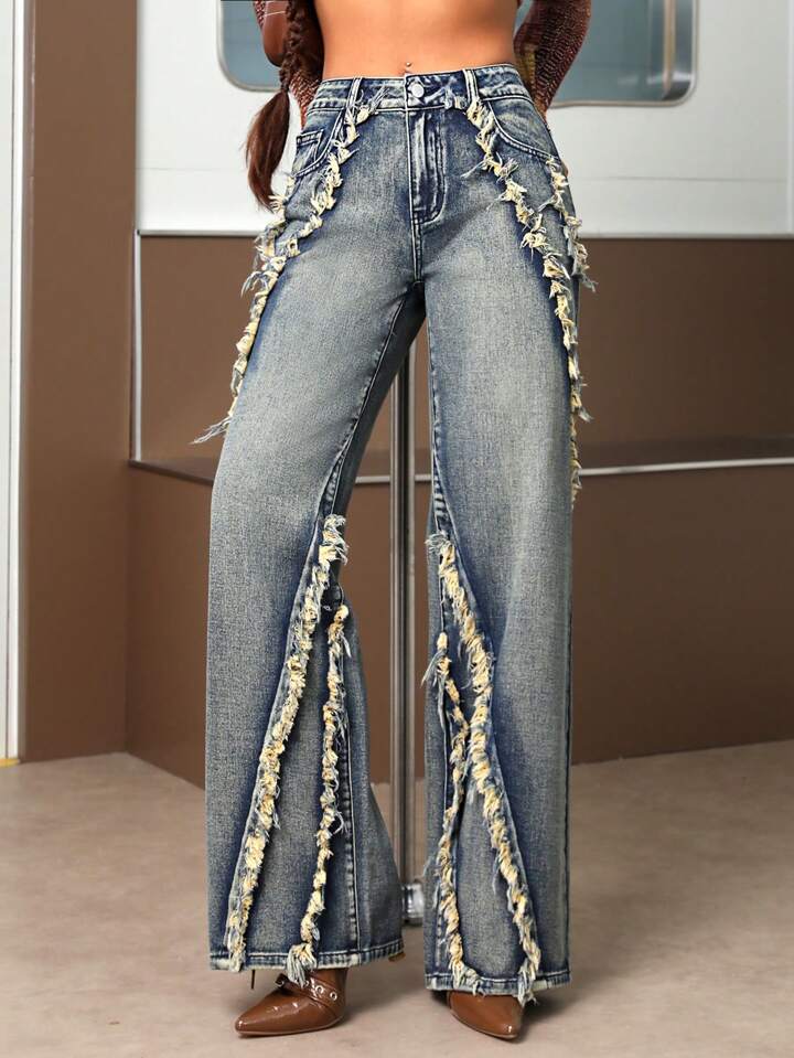 CM-BS180850 Women Casual Seoul Style Drop Waist Raw Trim Loose Wide Leg Jeans - Blue