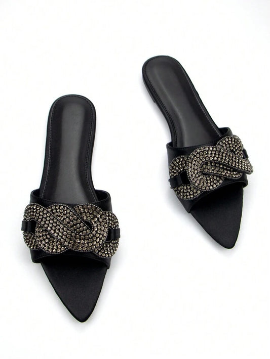 CM-SHS613330 Women Trendy Seoul Style Satin Rhinestone Decor Slide Sandals - Black