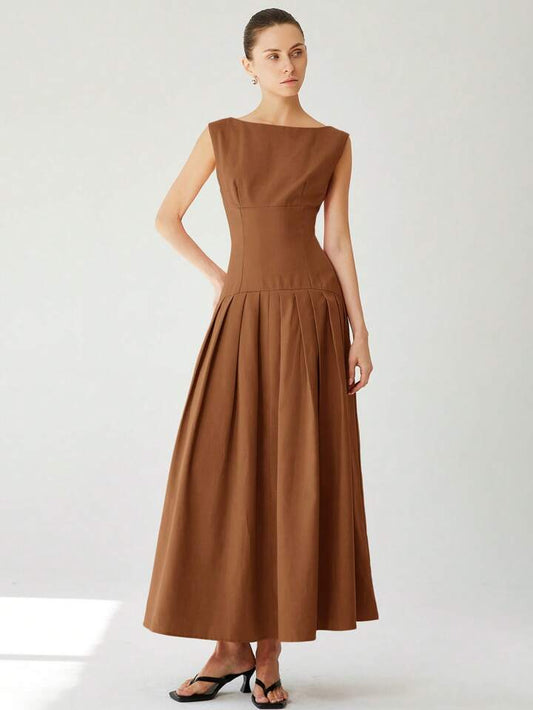 CM-DS711411 Women Elegant Seoul Style Sleeveless Cinched Waist Low Waist Pleated Ruffle Hem Long Dress - Brown