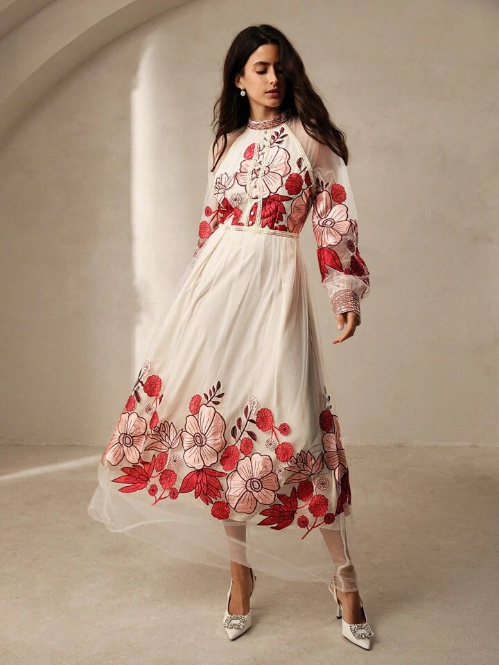 CM-DS065061 Women Trendy Bohemian Style Floral Embroidery Sequin Lace Border Maxi Dress