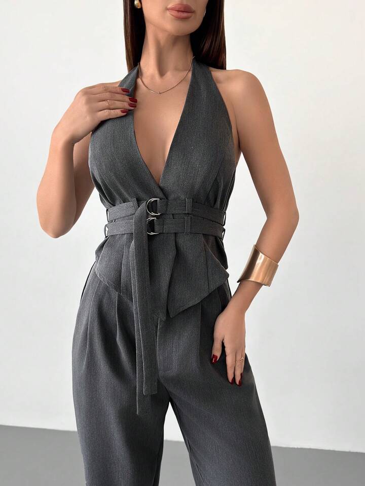 CM-SS112354 Women Elegant Seoul Style Halter Deep V Wrap Metal Buckle Open Back Skinny Camisole With Long Skirt - Set