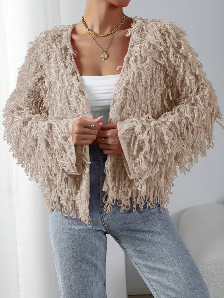 CM-CS117553 Women Casual Seoul Style Long Sleeve Shaggy Knit Duster Cardigan - Khaki
