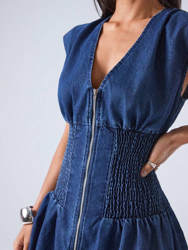 CM-DS498889 Women Casual Seoul Style V-Neck Barwing Sleeve High Waist A-Line Denim Dress - Blue