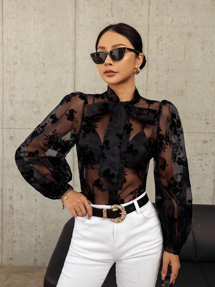 CM-TS286573 Women Trendy Bohemian Style Velvet Tie Neck Long Sleeve Shirt - Black