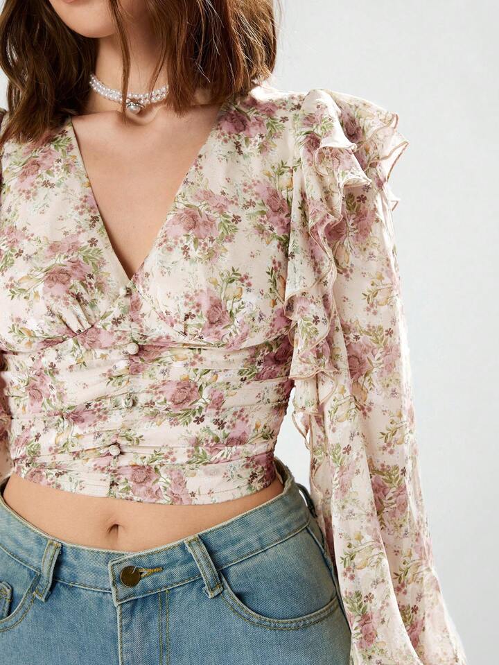CM-TS226445 Women Casual Seoul Style Floral Print Deep V-Neck Ruffle Trim Long Sleeve Shirt