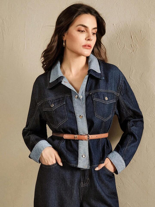 CM-CS284416 Women Casual Seoul Style Collar Neckline Long Sleeve Fitted Denim Jeans - Blue