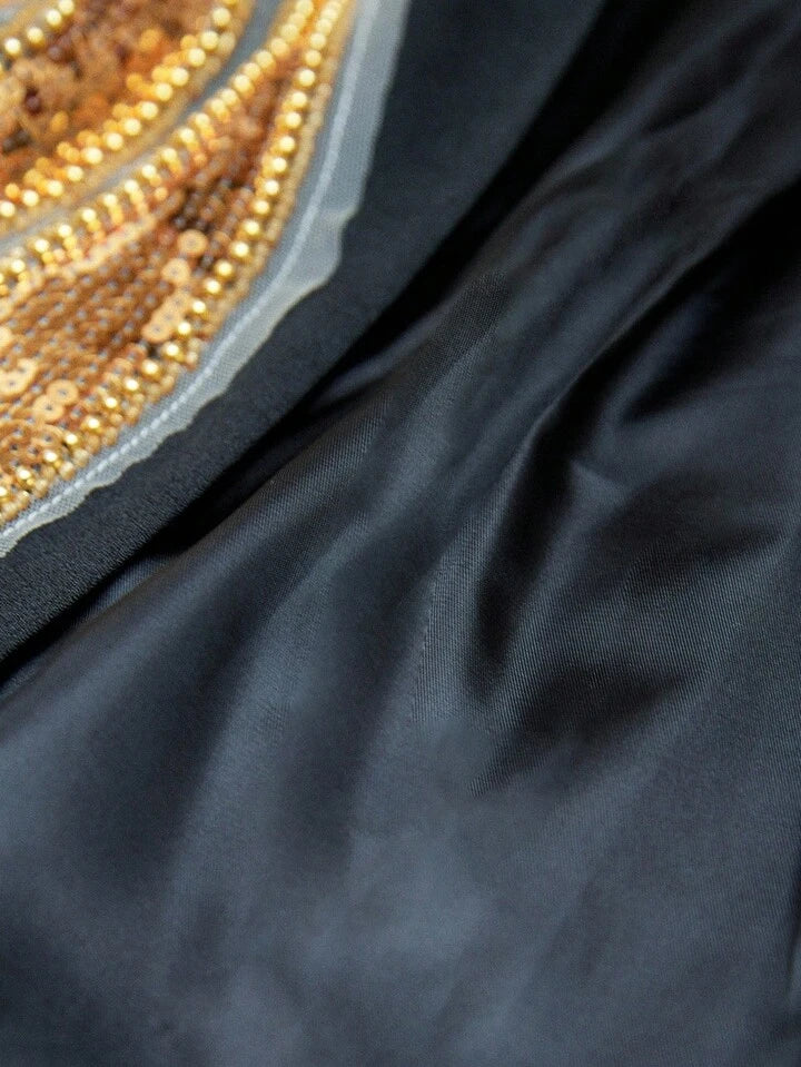 CM-TS850529 Women Elegant Seoul Style Asymmetrical Hem V-Neck Padded Beaded Embroidered Blouse - Blue