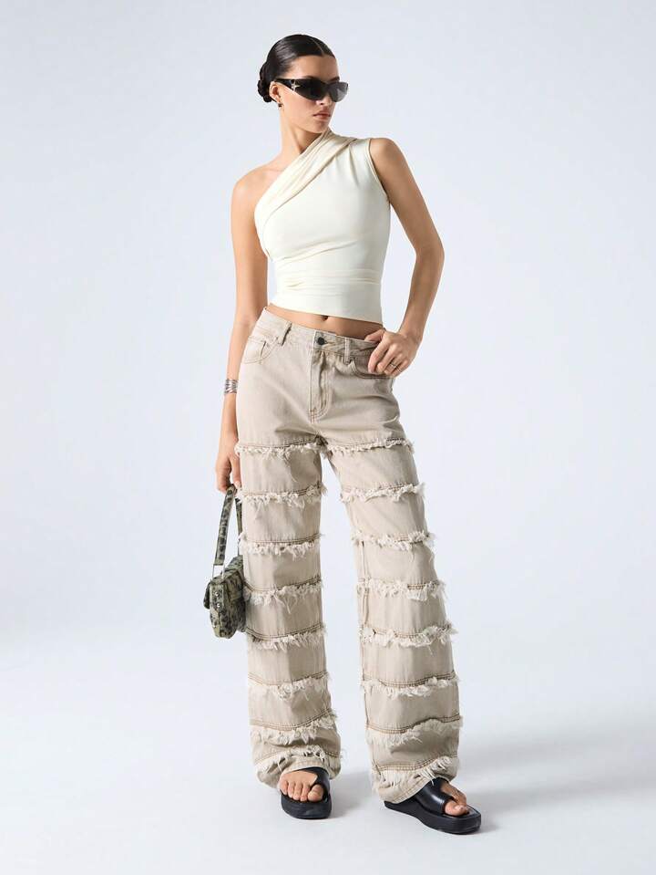 CM-BS705533 Women Casual Seoul Style Pocket Fray Hem Relaxed Straight Leg Jeans - Khaki