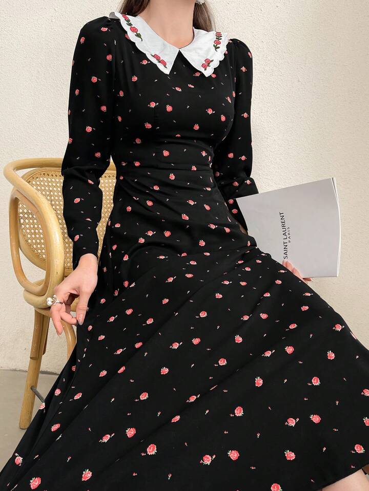 CM-DS722228 Women Casual Seoul Style Peter Pan Collar Long sleeve Floral Print Maxi Dress - Black
