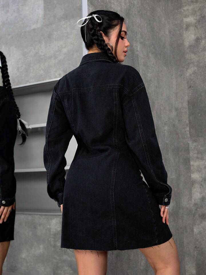 CM-DS623314 Women Casual Seoul Style Front Button Long Sleeve Pocket Short Denim Dress - Black