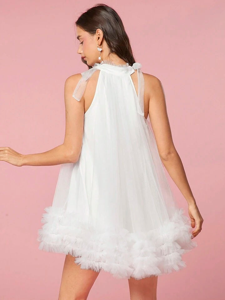 CM-DS020664 Women Elegant Seoul Style Multi-Layered Mesh Halter Neck Dress - White