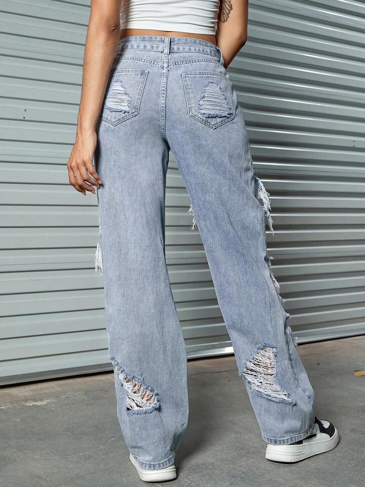 CM-BS382846 Women Casual Seoul Style Light Wash Slant Pocket Distressed Ripped Cut Out Straight Leg Pants