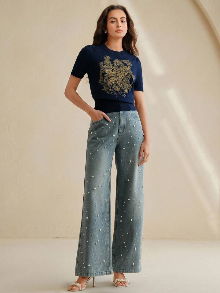 CM-TS520731 Women Casual Seoul Style Stand Collar Short Sleeve Floral Star Embroidered Knitted Shirt Tee - Royal Blue