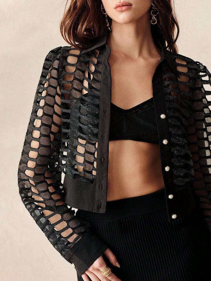 CM-TS682128 Women Casual Seoul Style Collared Hollow Out Pearl Button Design Long Sleeve Blouse - Black