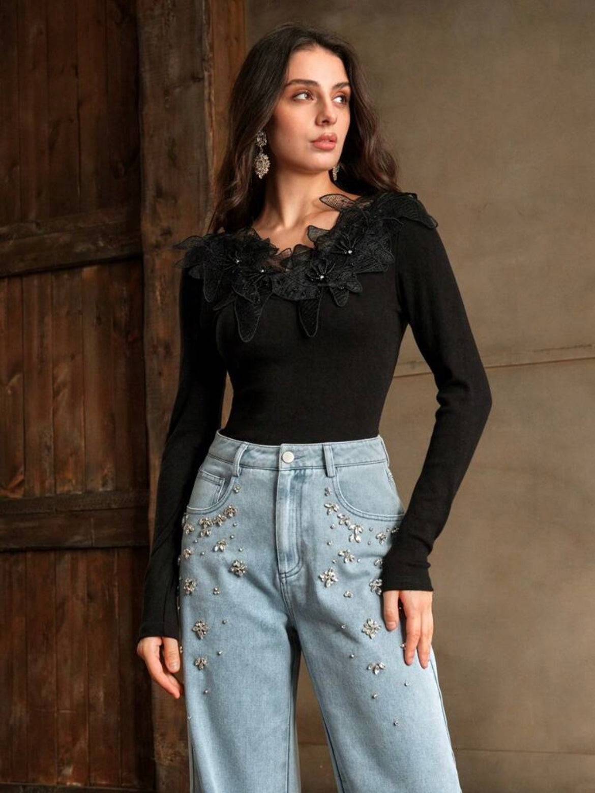 CM-TS031636 Women Elegant Seoul Style Scoop Neck Pearl Stud Lace 3D Flower Decor Tee - Black