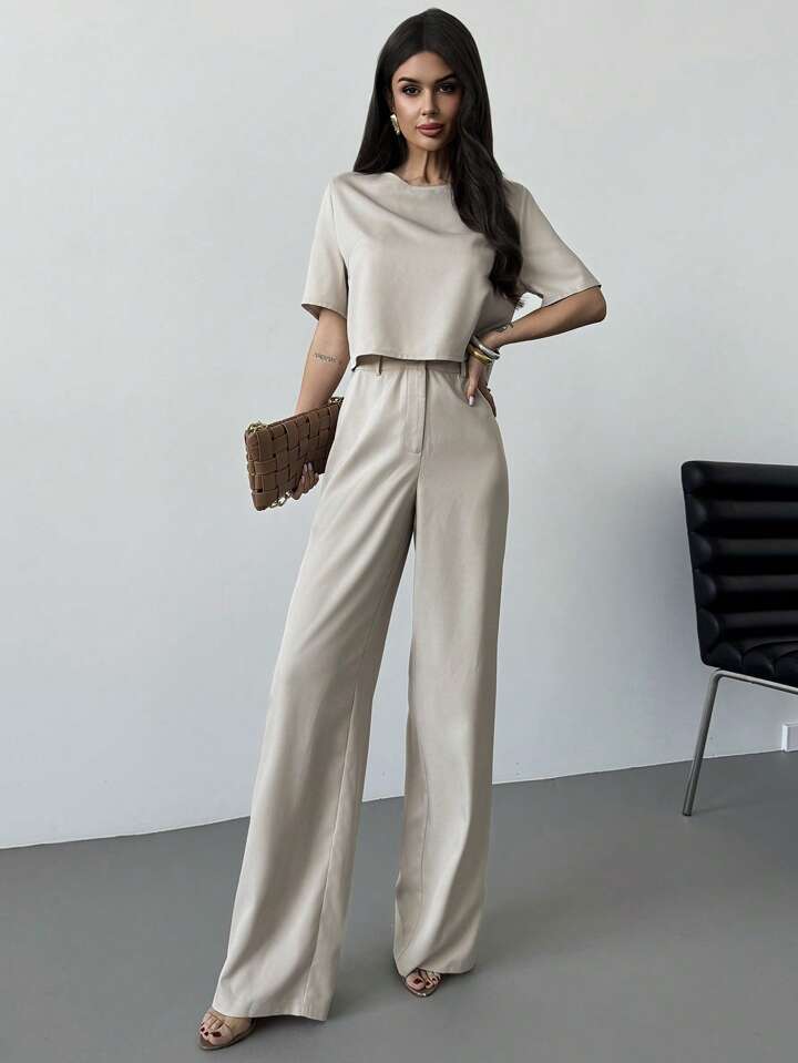 CM-SS569920 Women Casual Seoul Style Solid Color Round Neck Cropped Shirt With Wide Leg Pants - Set