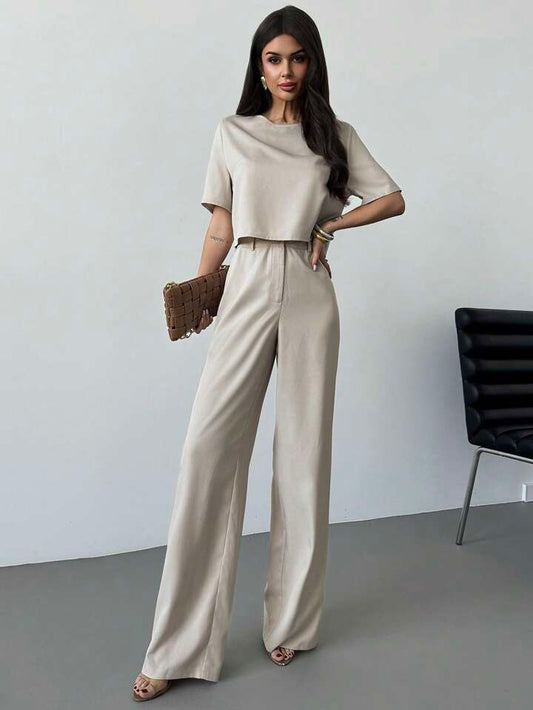 CM-SS569920 Women Casual Seoul Style Solid Color Round Neck Cropped Shirt With Wide Leg Pants - Set