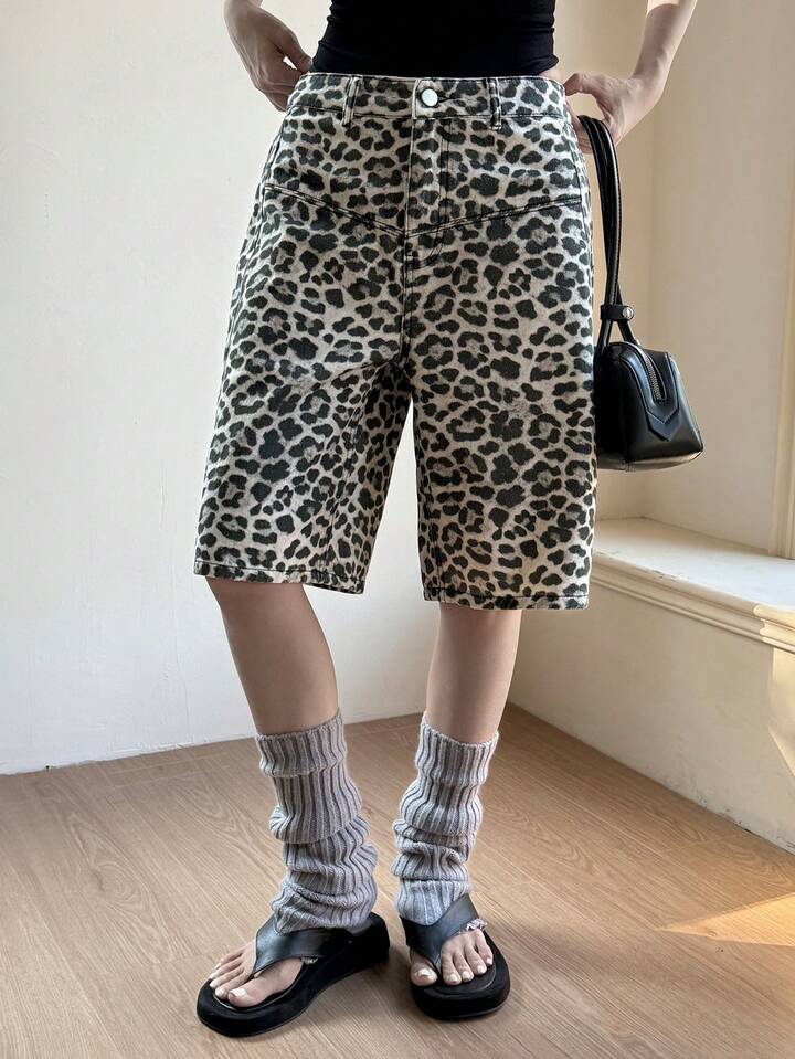 CM-BS269781 Women Casual Seoul Style Mid Waist Print Loose Bermuda Denim Shorts - Brown