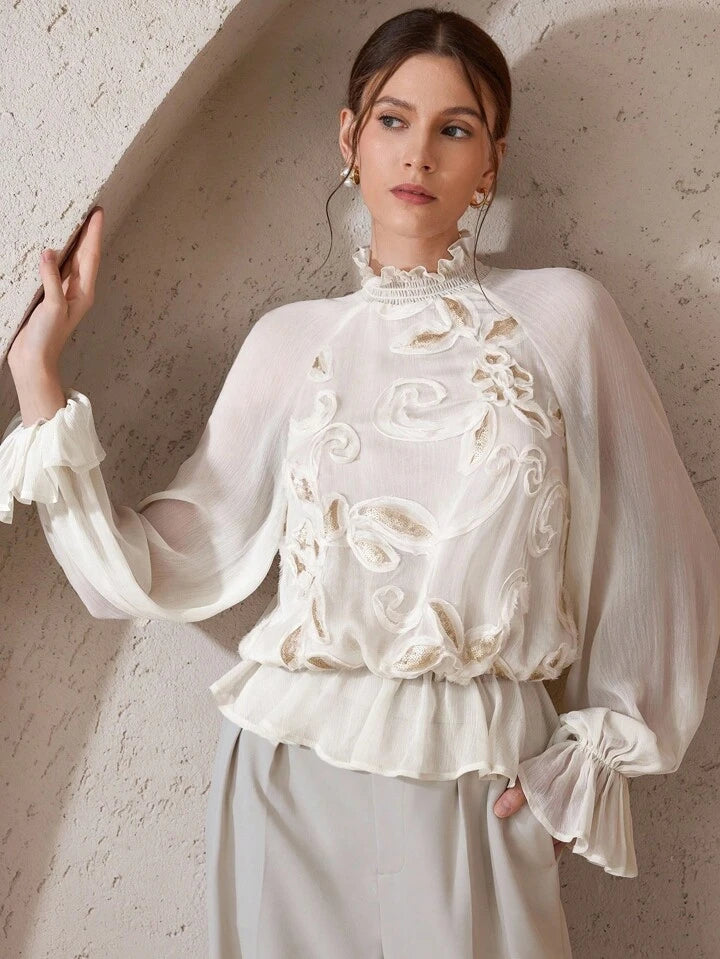 CM-TS233759 Women Trendy Bohemian Style Stand Collar Raglan Sleeve Sequin Decor Loose Fit Blouse - White