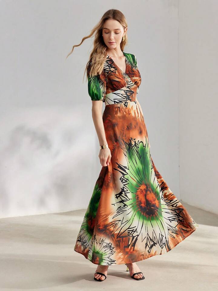 CM-DS293333 Women Elegant Seoul Style Tie-Dye Printed V-Neck Short Puff Sleeve Maxi Dress