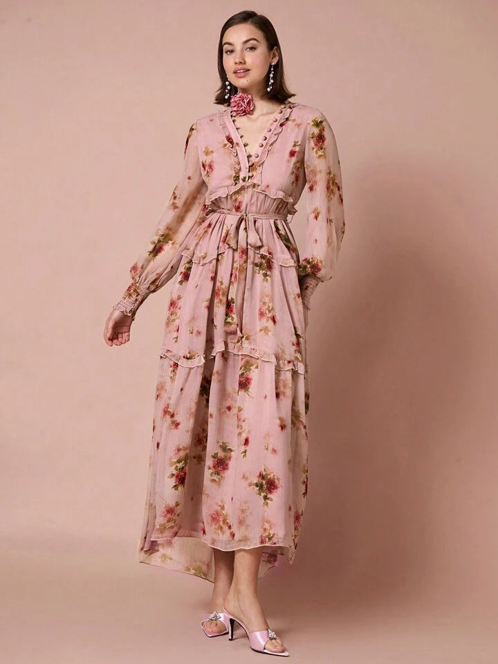 CM-DS263812 Women Elegant Seoul Style Floral Print Front Tie Ruffle Decoration Lantern Long Sleeve Dress